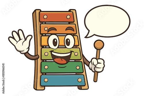 Happy cartoon xylophone mascot waving with speech bubble and mallet