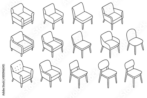 Isometric outline icons of modern and classic seating furniture pieces