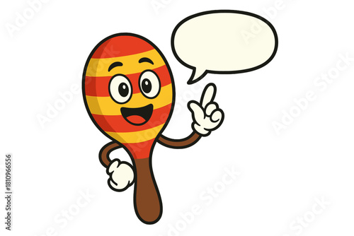 Happy cartoon maraca mascot character pointing up with speech bubble
