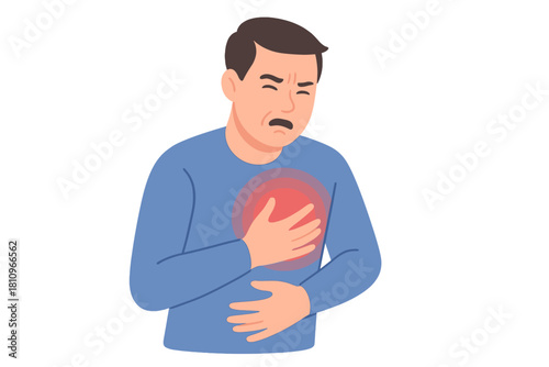 Man clutching chest area showing sharp sternum pain and cardiac discomfort