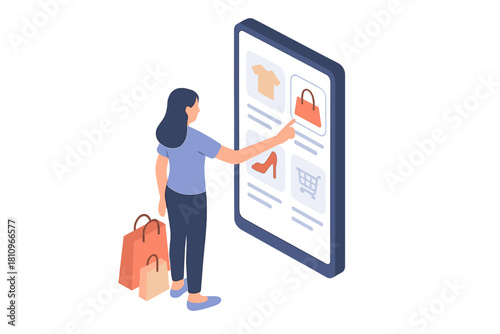 Woman choosing purse on digital retail application interface