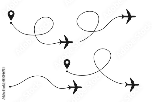 Airplane travel route path with location pins and curved lines