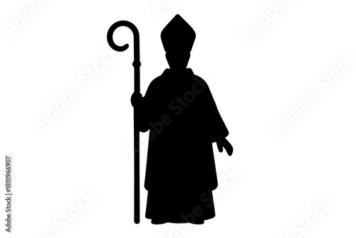 Silhouette of bishop wearing mitre holding crosier staff