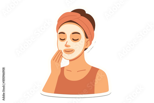 Woman applying sheet face mask for beauty and skincare treatment