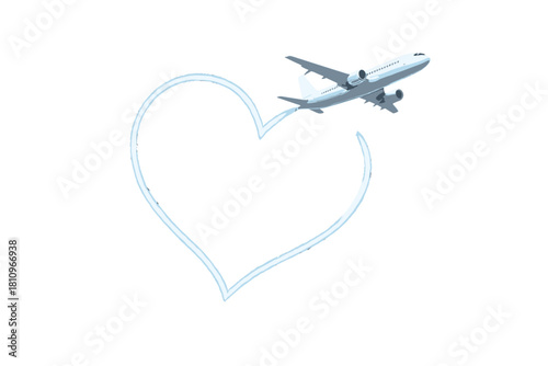 Commercial jet aircraft leaving heart shaped vapor trail in blue sky