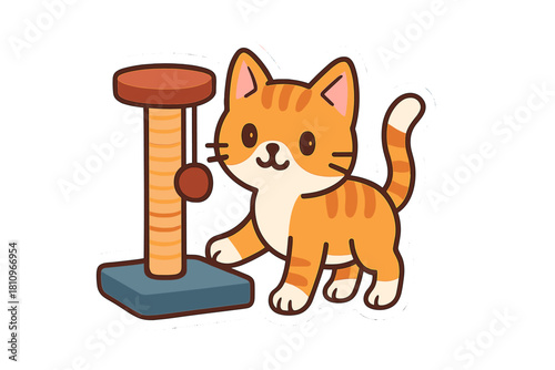 Playful orange tabby kitten next to sisal scratching post