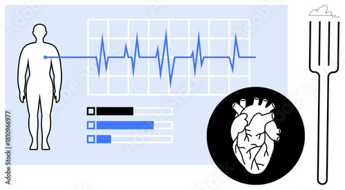 Human silhouette with heartbeat graph, heart anatomy, health bar metrics, and fork for nutrition. Ideal for medical diagnostics, wellness, cardiology, nutrition, fitness monitoring healthcare as