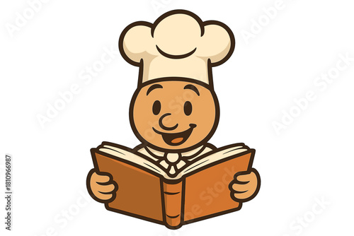 Cheerful cartoon chef character reading recipe book with tall hat
