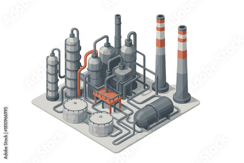 Isometric view of industrial chemical processing plant equipment and storage tanks