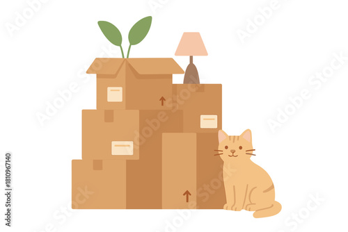 Orange tabby cat resting next to tall stack of moving boxes