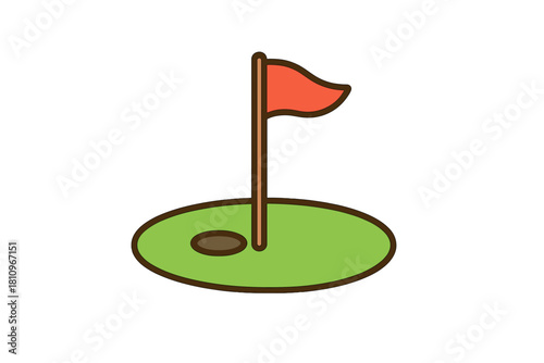 Minimalist golf hole with flag on green turf icon graphic