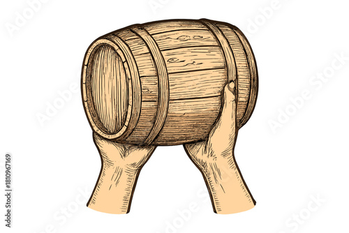 Hands carefully supporting small wooden barrel with antique engraving style