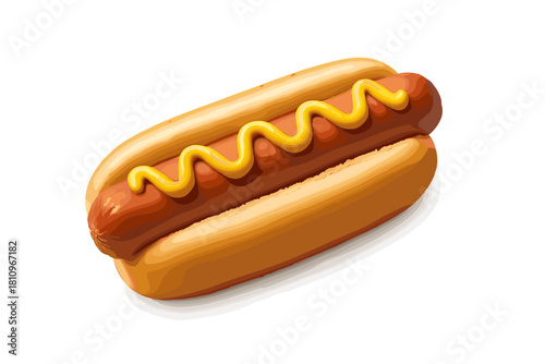 Classic hot dog with zigzag mustard topping on white background