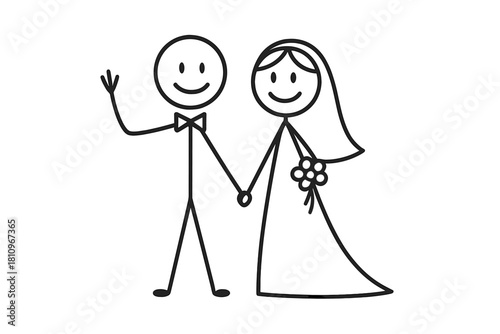 Stick figure bride and groom holding hands and waving happily