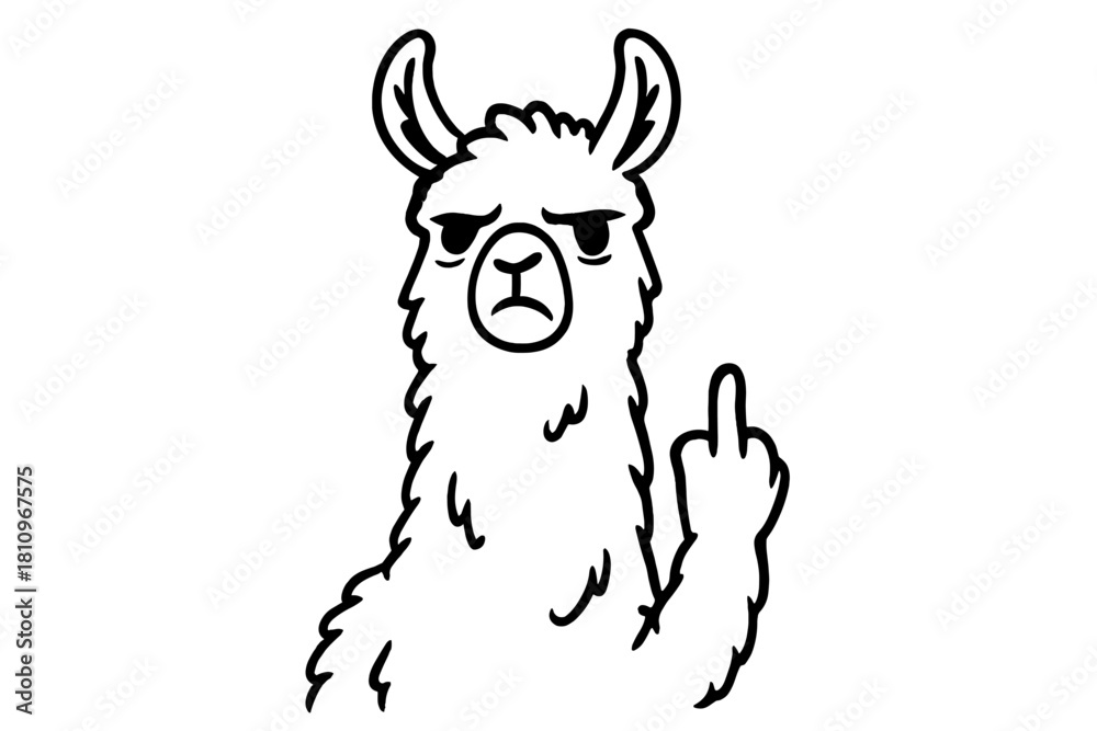 Obraz premium Angry llama making offensive gesture cartoon outline drawing