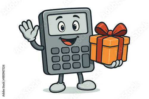 Cheerful cartoon calculator mascot presenting a wrapped gift box
