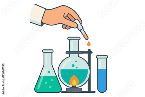 Hand adding drop to chemical reaction flask with laboratory glassware