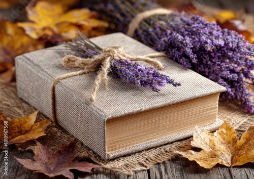 Rustic book adorned with lavender sprigs and autumn leaves.