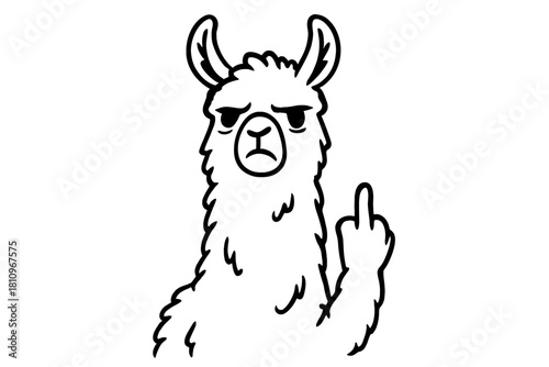 Angry llama making offensive gesture cartoon outline drawing