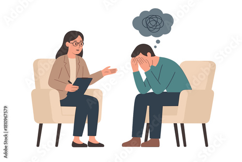 Psychologist session with distressed patient covering face and thinking cloud