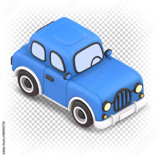 Cartoon 3D retro blue car in isometric projection. Vector illustration isolated on a transparent background.