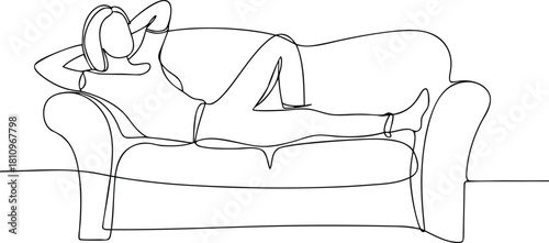 Woman relaxing on sofa continuous line drawing couch