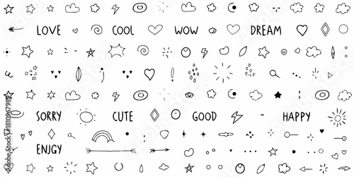 Collection of hand drawn doodle icons and text elements for design and decoration