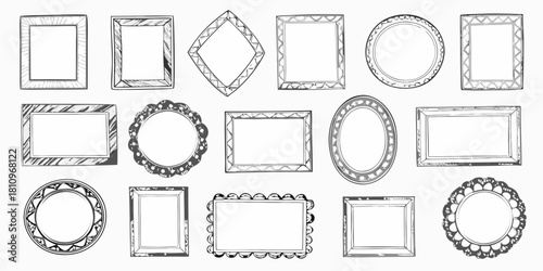 Collection of hand drawn sketchy picture frames in various shapes and styles on white background