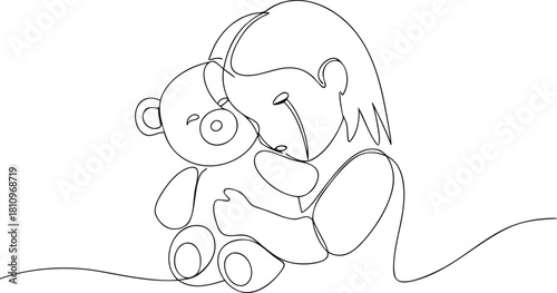 Child hugging teddy bear one line drawing embrace love