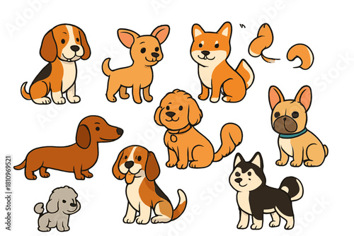 Set of adorable cartoon puppies featuring popular dog breeds Beagle, Shiba Inu, and Dachshund