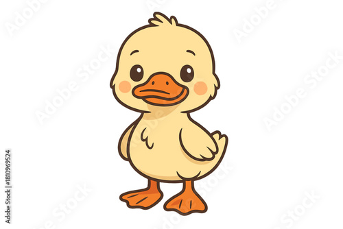 Adorable fluffy yellow baby duckling standing upright with orange beak and feet
