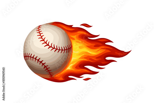 Dynamic baseball flying rapidly leaving a trail of intense orange and yellow flames