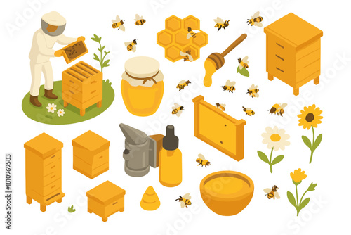 Isometric set of beekeeping tools, beehives, honey jars, flying insects, and apiarist in protective gear