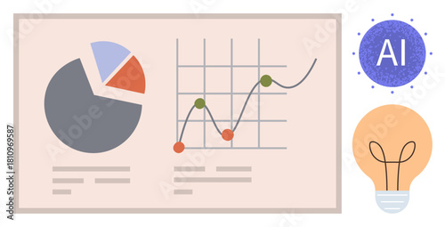 Analytical dashboard with pie chart, line graph, AI symbol, and lightbulb, representing data-driven insights, artificial intelligence, technology, innovation science solutions and progress. Ideal