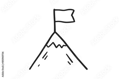Mountain peak with flag planted on the summit symbolizing achievement and success