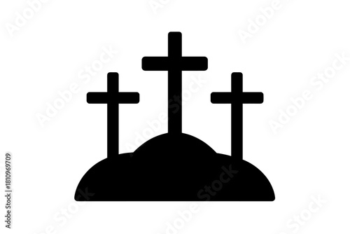 Three crosses silhouette on a small hill symbolizing Calvary and the crucifixion