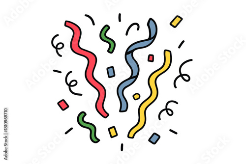Colorful falling serpentine streamers and scattered confetti pieces