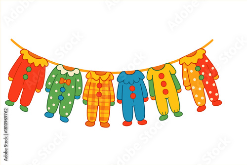 Colorful baby pajamas hanging on a clothesline banner for nursery decoration