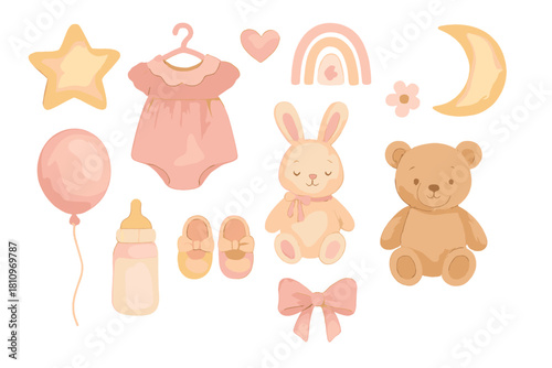 Cute baby girl shower elements set with teddy bear, bunny, pink clothes, and nursery accessories