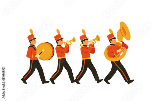 Musicians marching in red uniforms playing trumpet, tuba, and bass drum