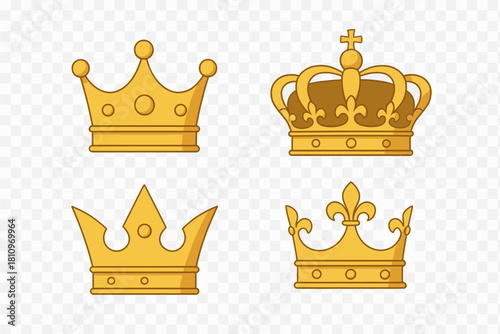 Set of various golden crowns symbolizing royalty, power, and achievement