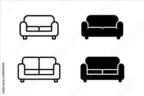Minimalist furniture symbols featuring outline and solid glyphs of a comfortable two-seater couch
