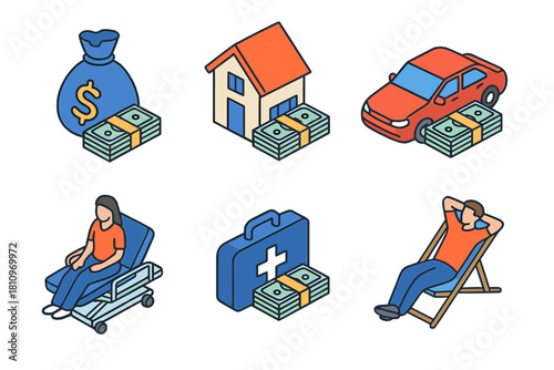 Major life expenses, assets, and financial planning concepts in isometric style
