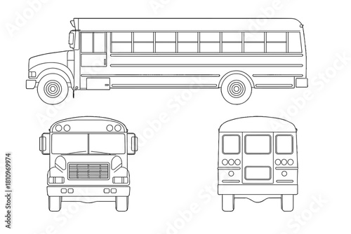 Technical blueprint of a large passenger school bus showing side, front, and rear views