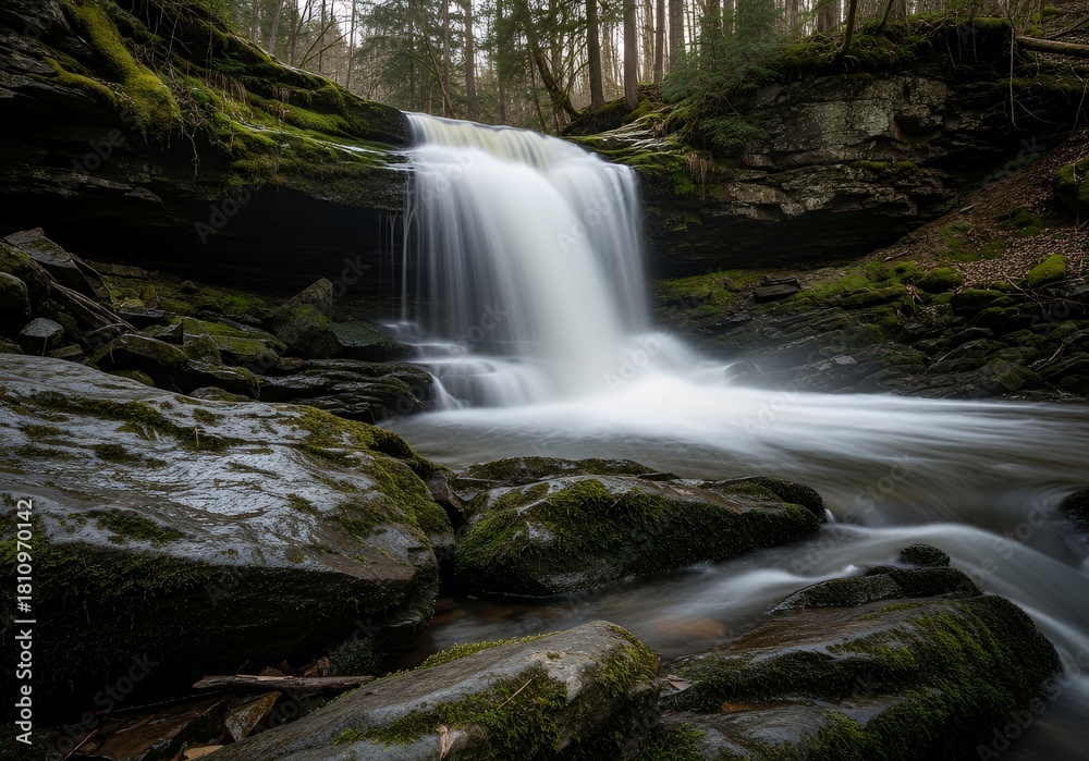 Fototapeta premium Discover stunning waterfalls cascading over mossy rocks in a lush forest, perfect for nature lovers and outdoor adventures seeking serenity and escape