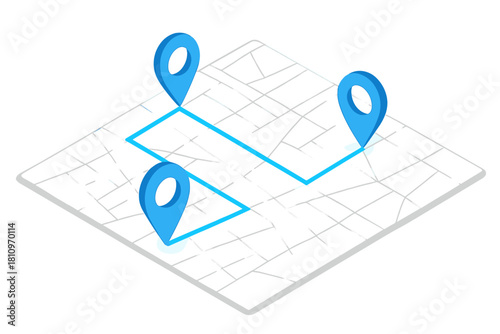 Isometric map grid showing a planned route connecting three distinct location pins