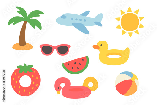 Summer vacation travel elements set with beach accessories and inflatable swimming rings