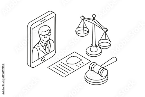 Online legal consultation service showing justice scales, gavel, and lawyer on smartphone