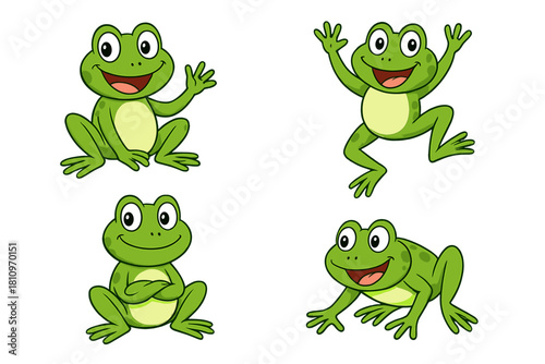 Four cute green cartoon frogs showing different happy poses and emotions on a white background