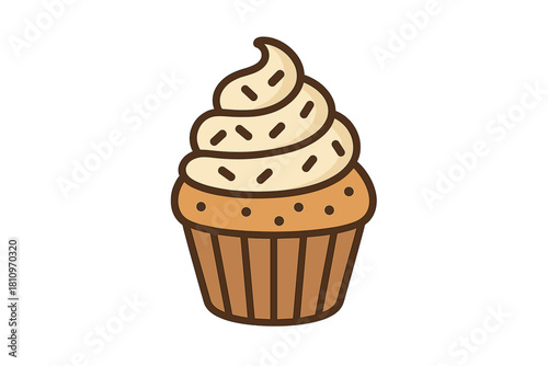 Single delicious baked cupcake topped with swirled vanilla frosting and decorative sprinkles